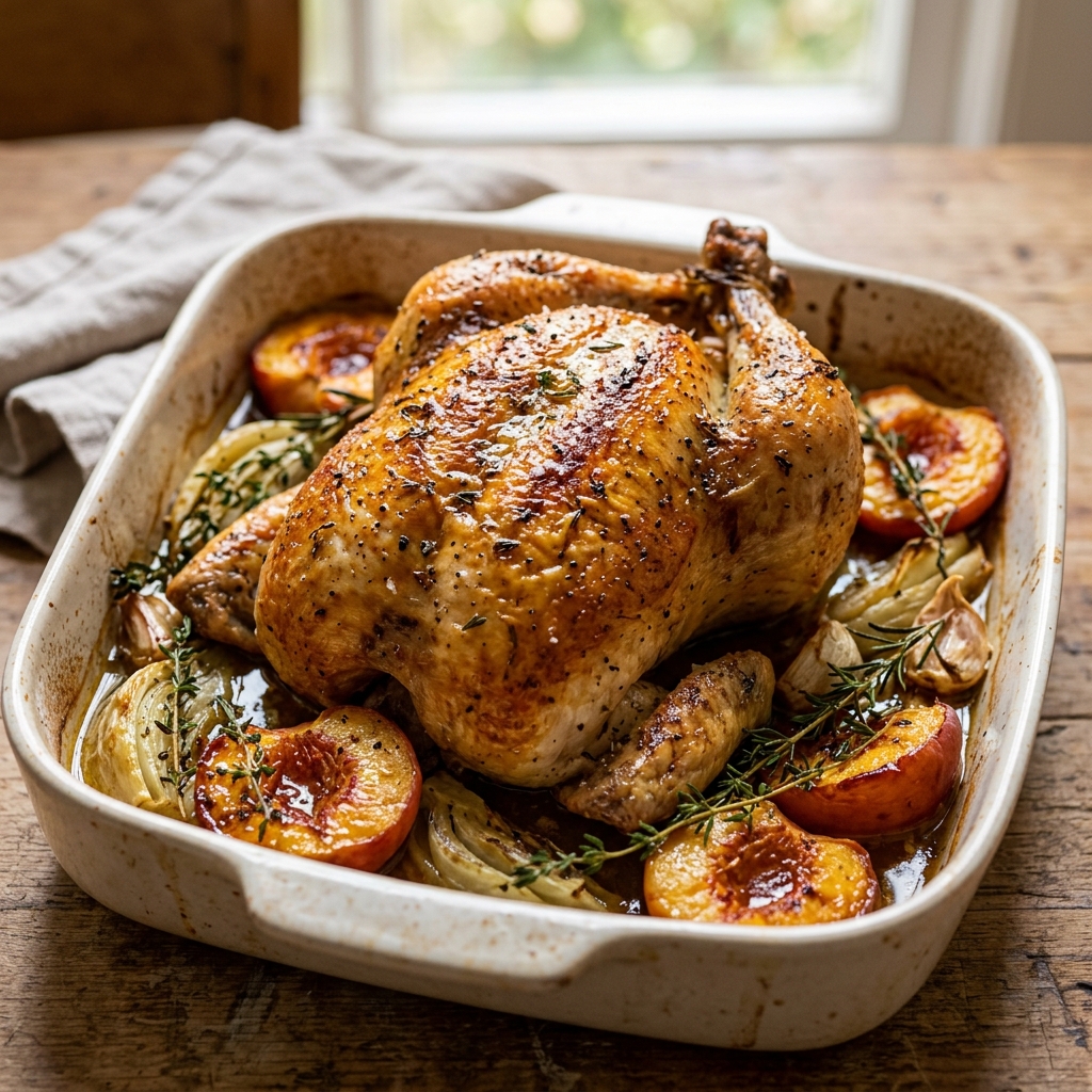 Roasted Chicken With Fennel and Peaches recipe