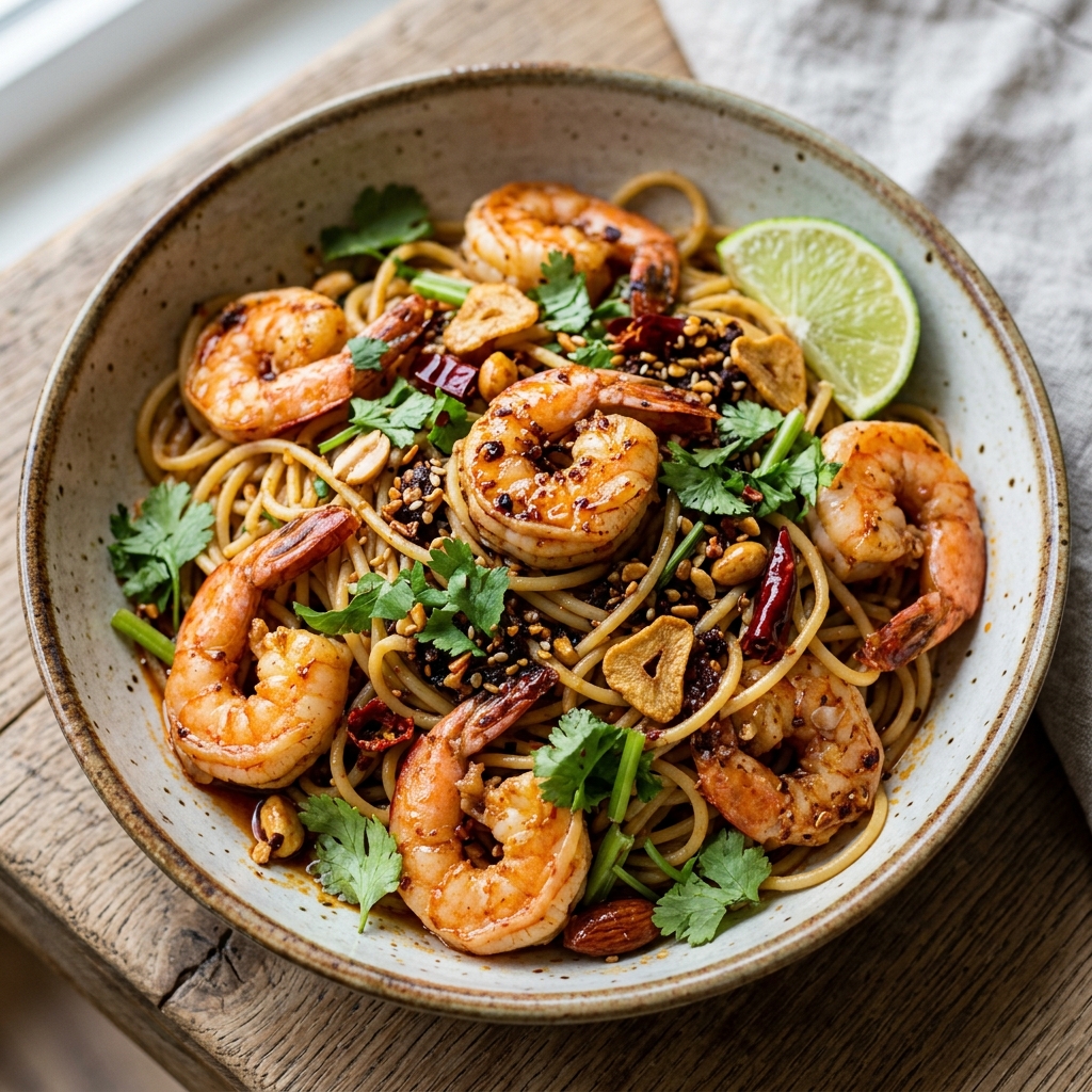 Salsa Macha Pasta With Shrimp recipe