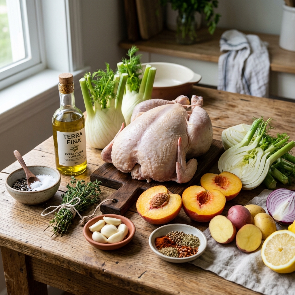 Roasted Chicken With Fennel and Peaches recipe